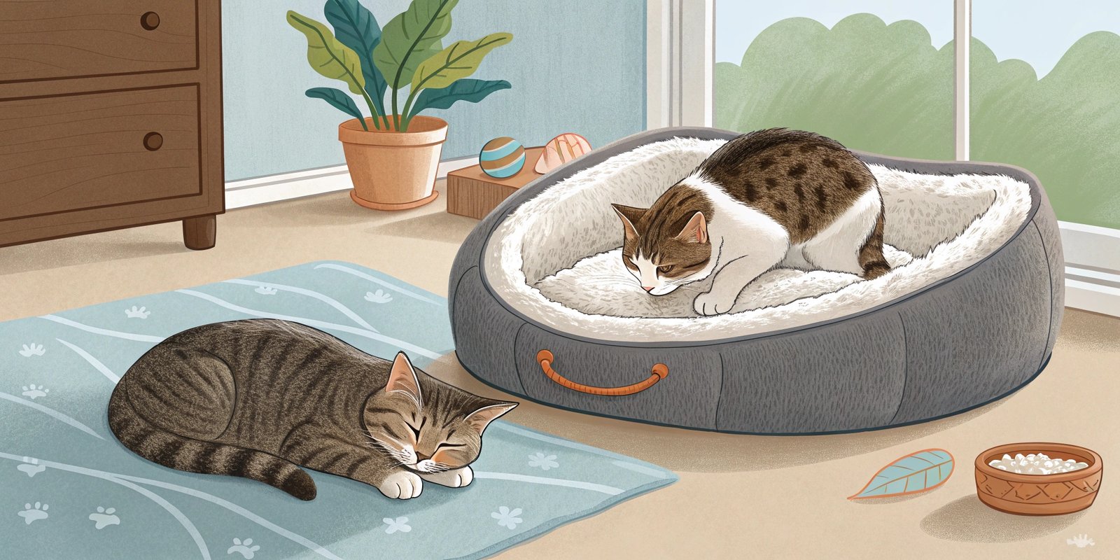 Cross-section of a cat bed showing different mattress layers.