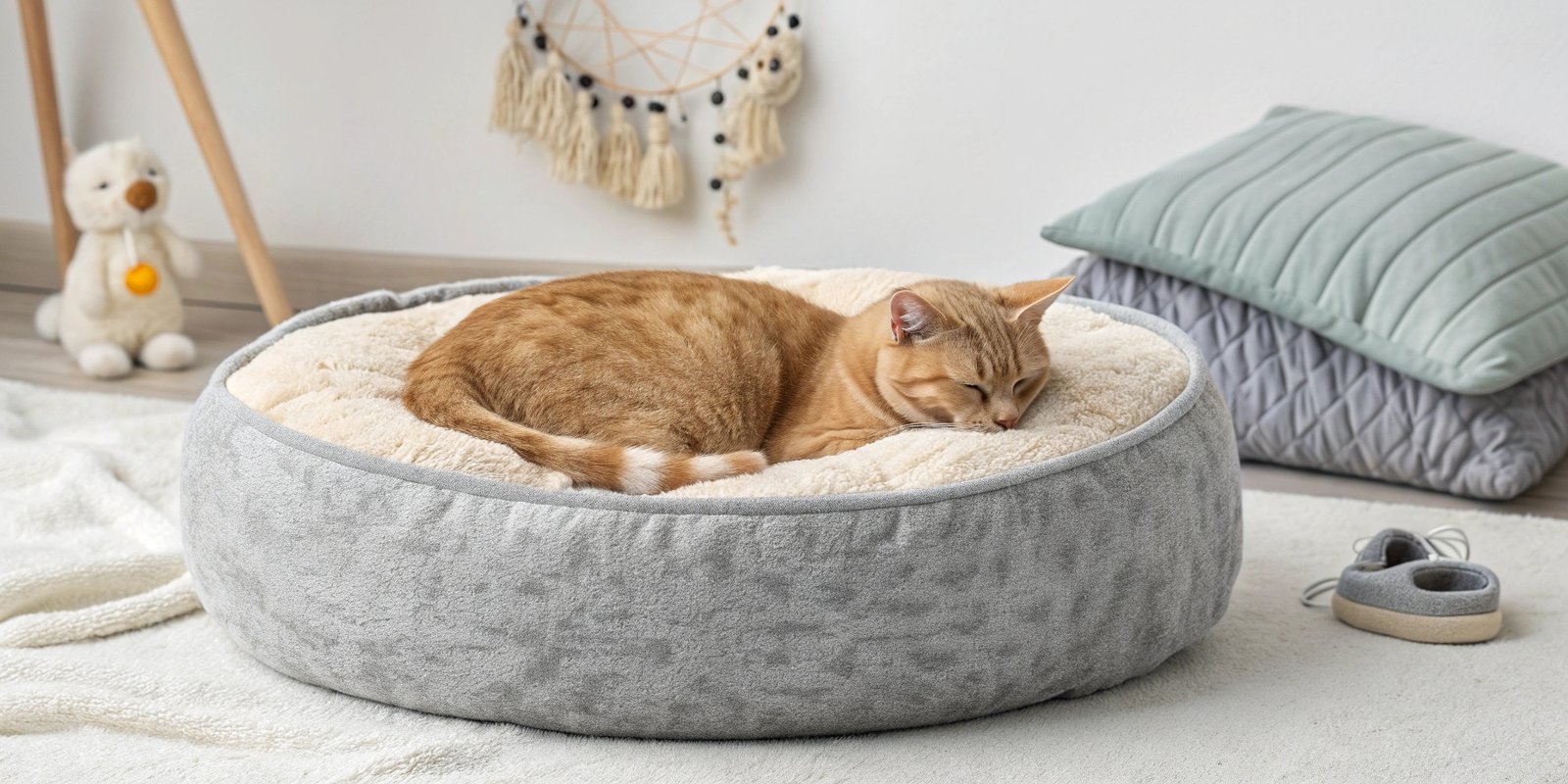 An older cat comfortably resting in a supportive orthopedic bed.