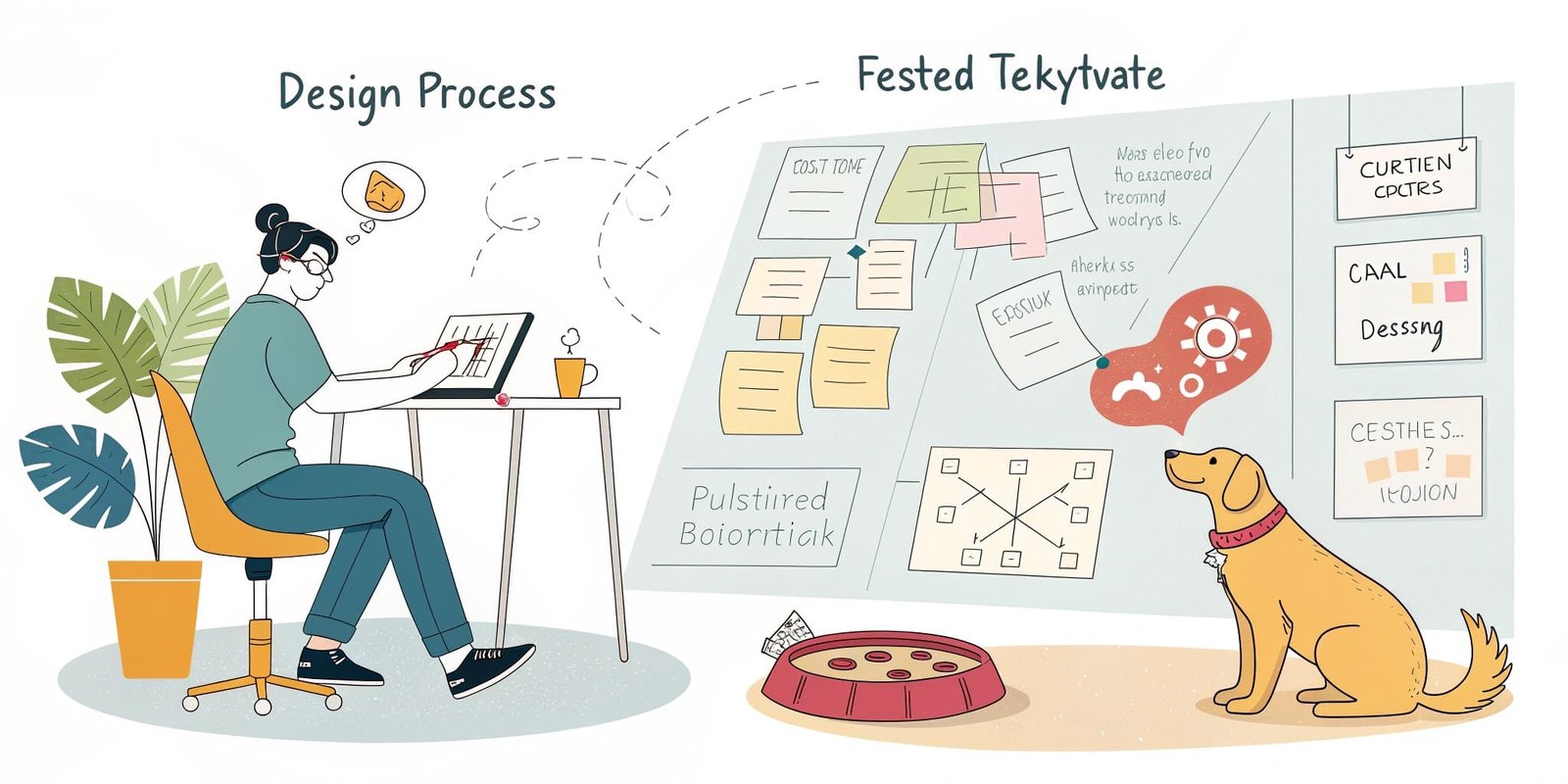 A designer sketching a pet product, with photos of pets and owners for inspiration on the wall.