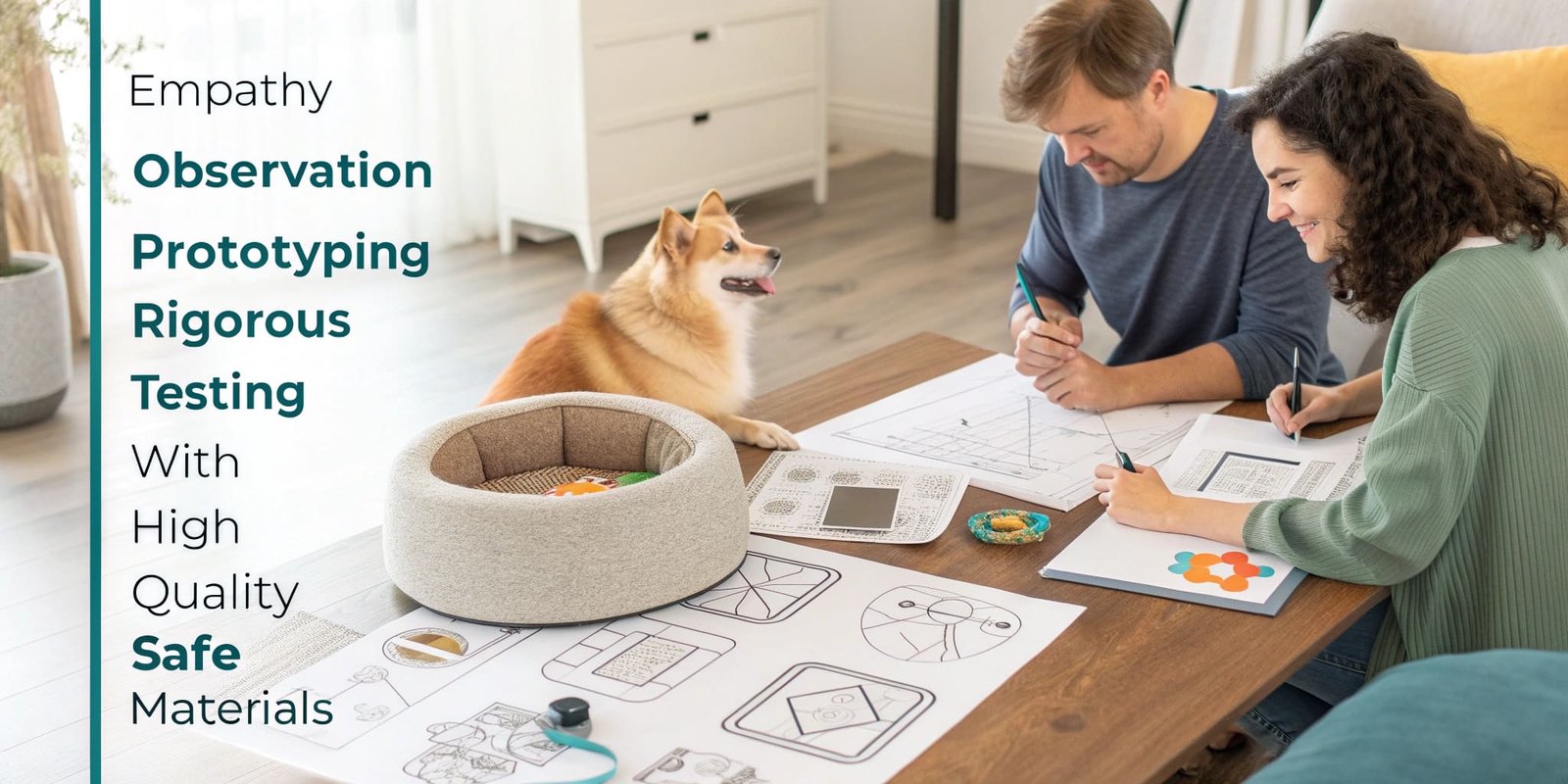 A happy Corgi playing with a well-designed toy while its owner looks on smiling.
