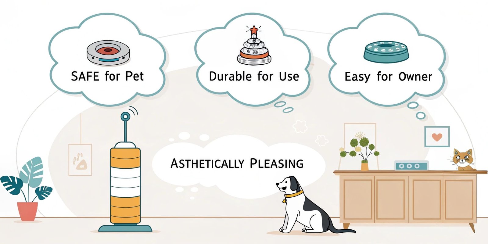 An infographic showing four icons: a shield (Safety), a weight (Durability), a hand (Usability), and an eye (Aesthetics).